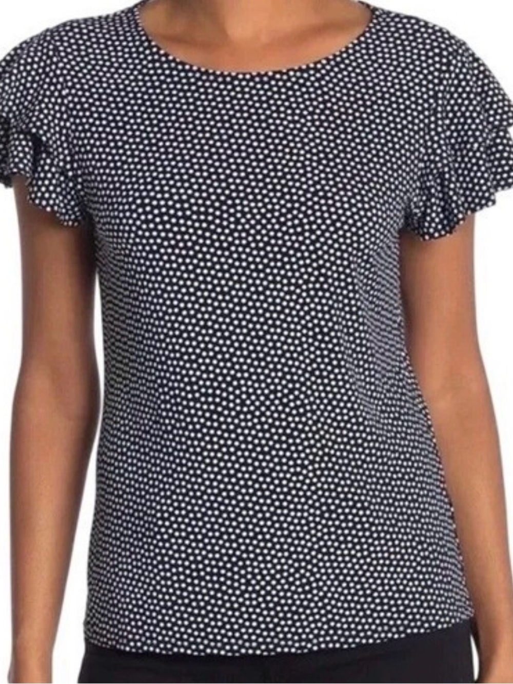 Adrianna Papell Double Flutter Sleeve Top M Navy with white polka dots Reg. $59